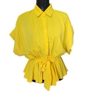 FAVLUX Yellow Tie-Waist Button Front Blouse
